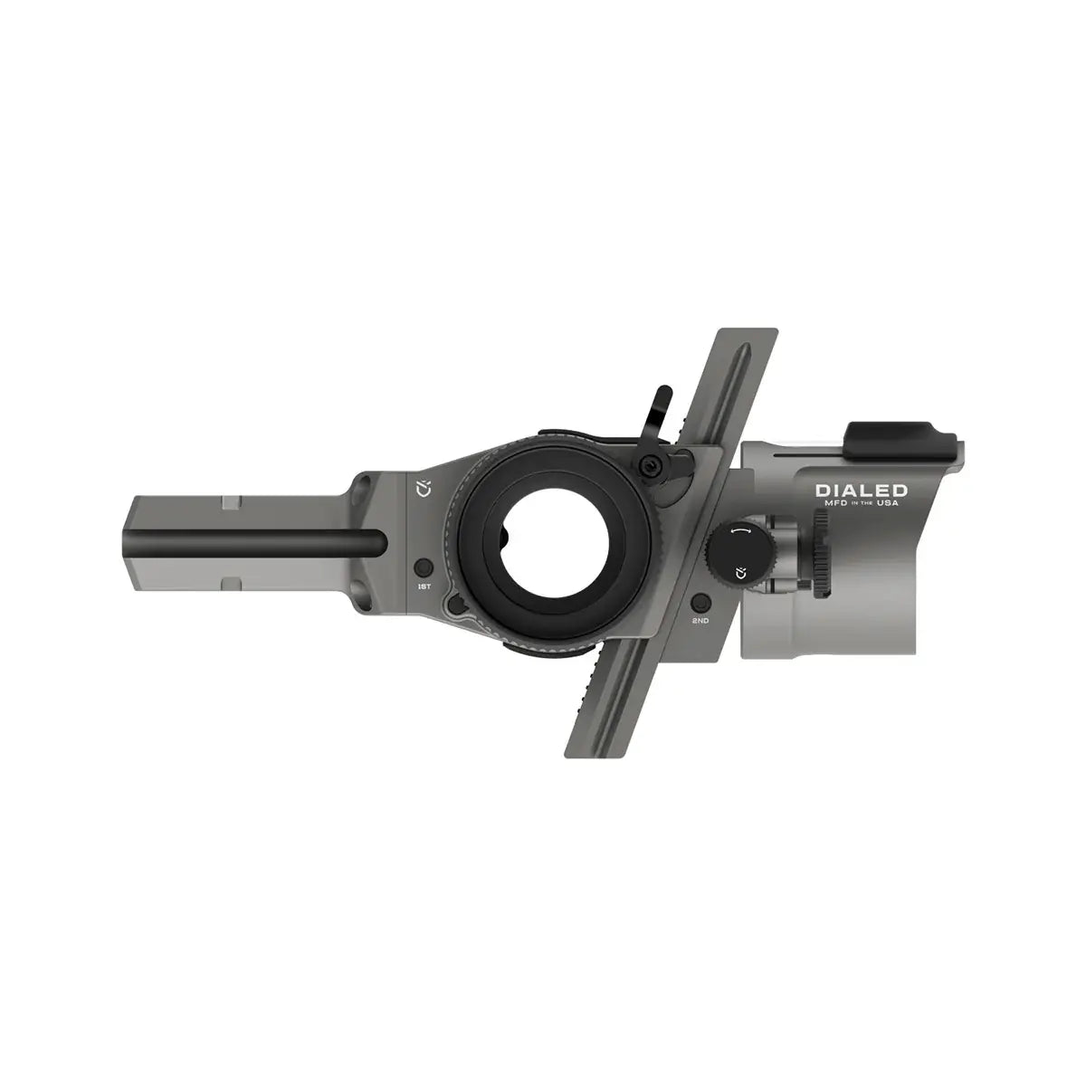 Black Dialed Pruf movable slider bow sight with circular aperture and adjustment knobs, right-side mount.