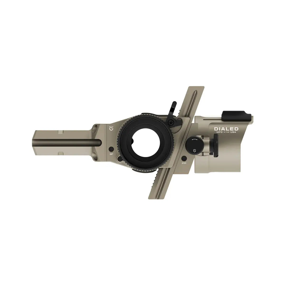 Tan Dialed Pruf Mover Sight with black circular aperture and adjustable sliders.