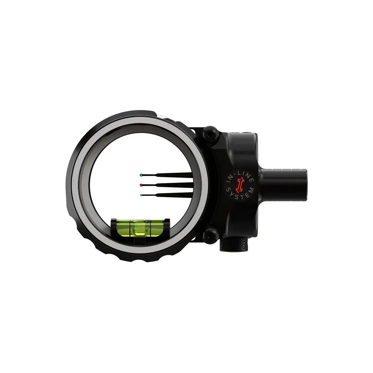Black Hoyt Driver Bow Sight with three horizontal fiber optic pins and a built-in bubble level.