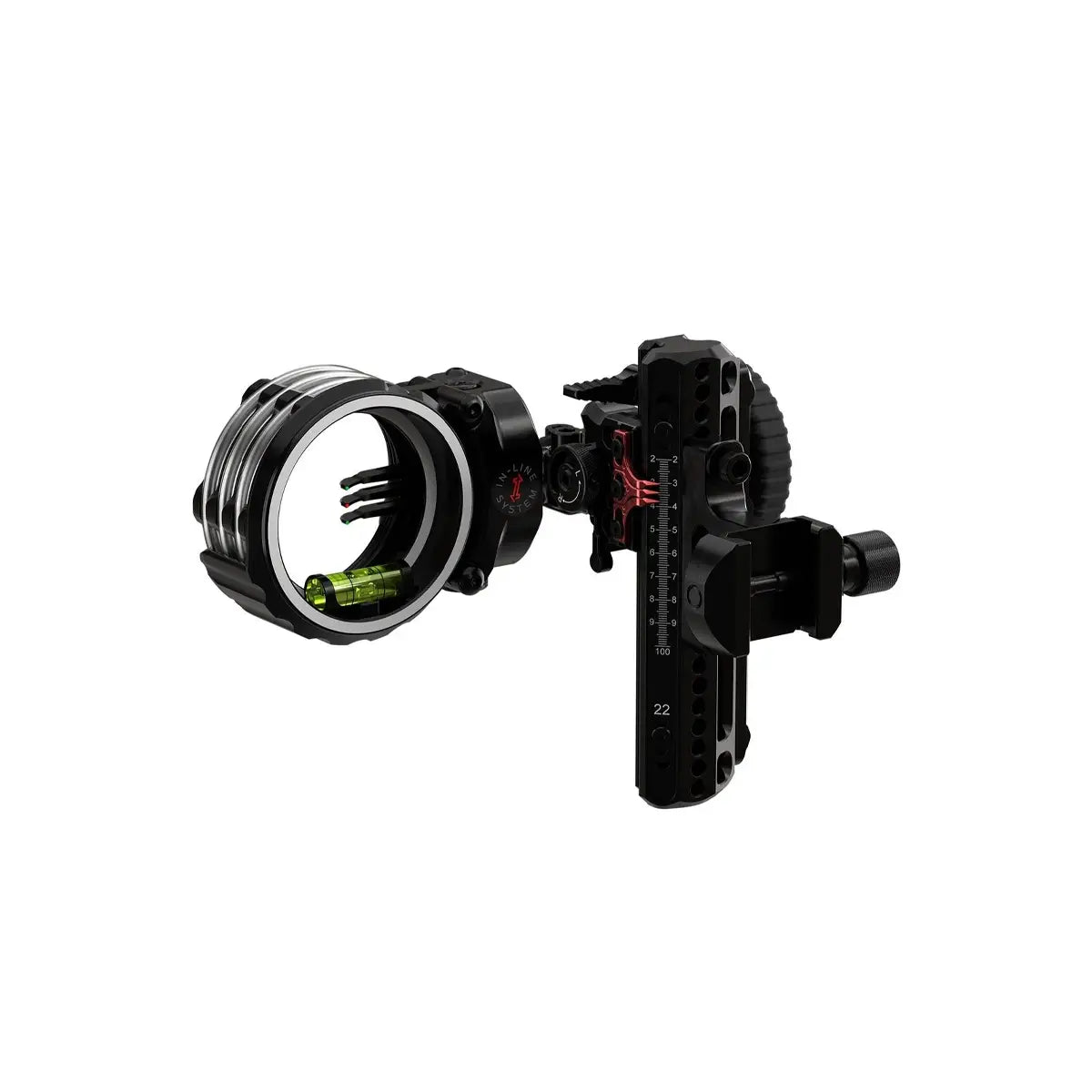 Black Hoyt 3-pin bow sight with movable sliders and fiber optic pins.