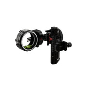 Black Hoyt 3-pin bow sight with movable sliders and fiber optic pins.
