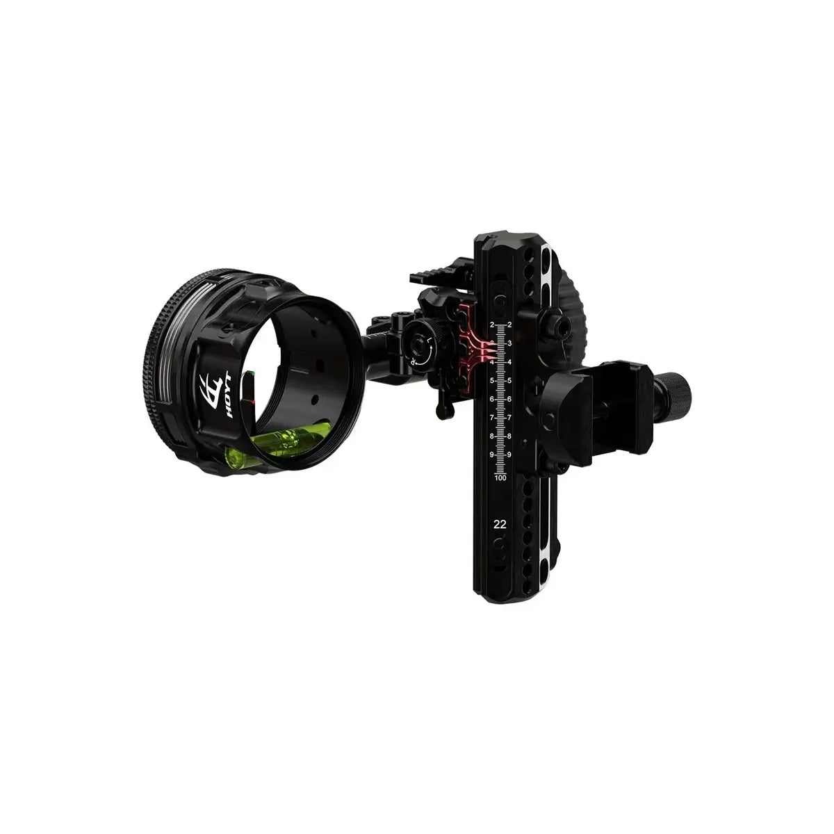 Black Hoyt Driver archery bow sight with 41mm sight ring and adjustable vertical slider marked with white numbers.