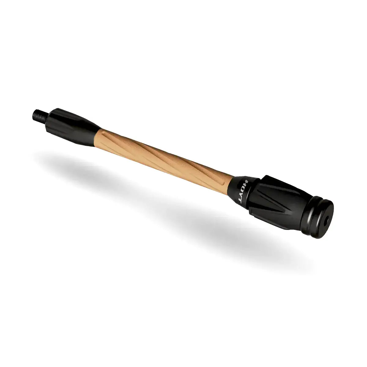 Hoyt Stealth Pro Series Stabilizer with wood grain shaft and black vibration dampening ends.
