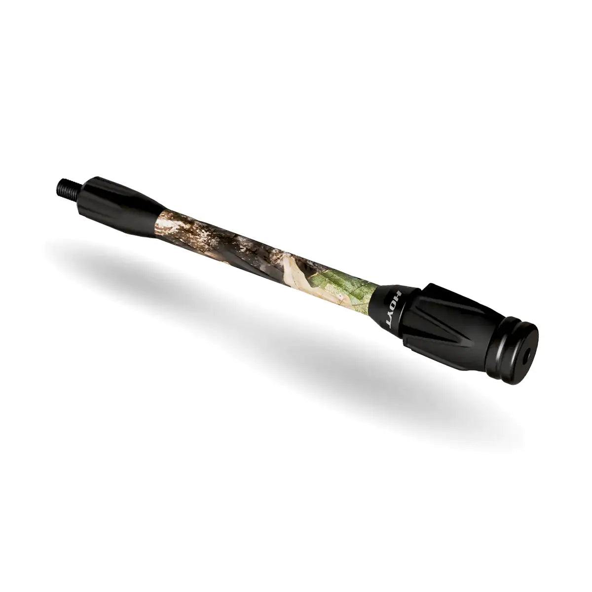 Hoyt Stealth Pro Series Stabilizer in camo pattern with black rubber end caps and textured grip.