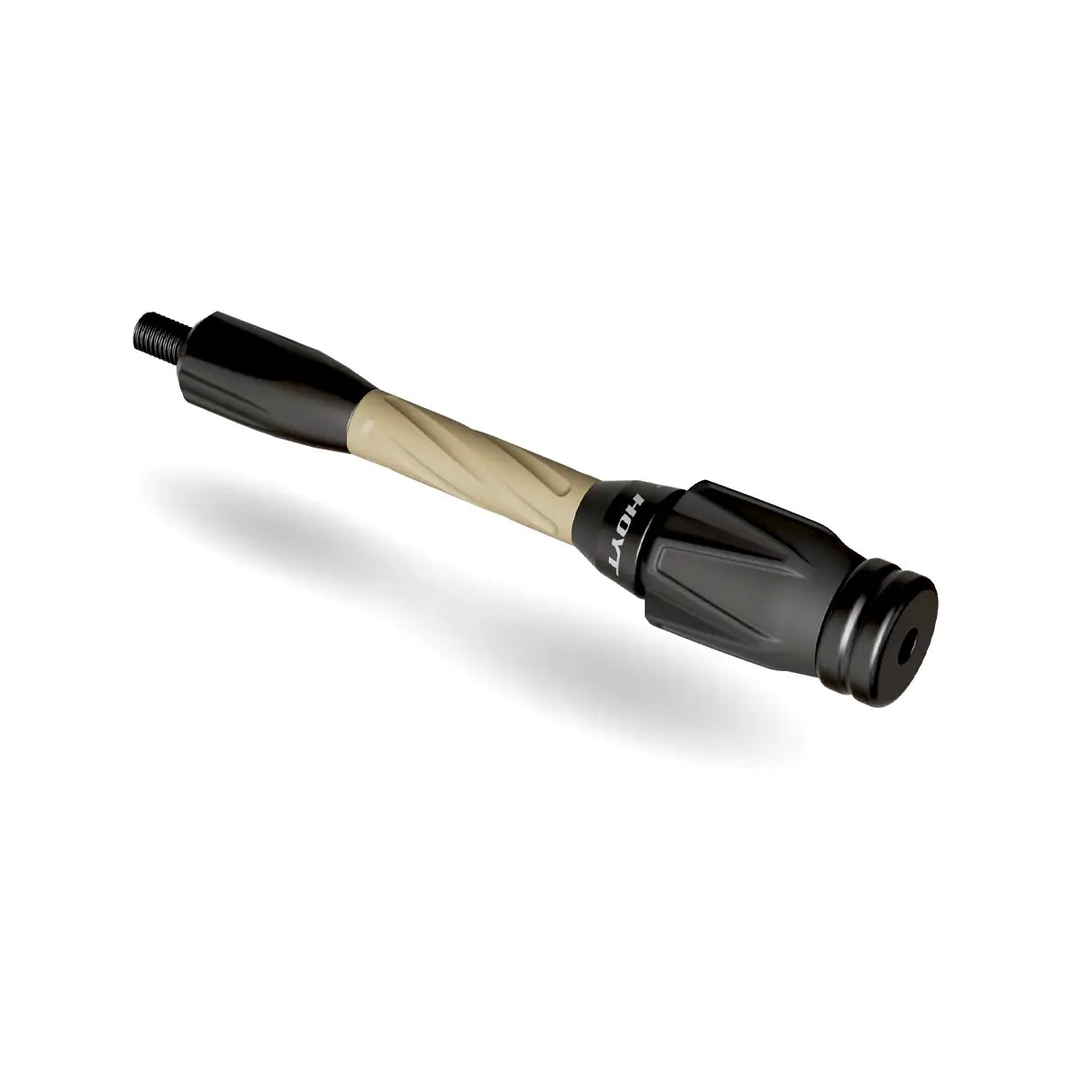Hoyt Stealth Pro Series archery stabilizer in tan with black mounts and sleek tapered design.