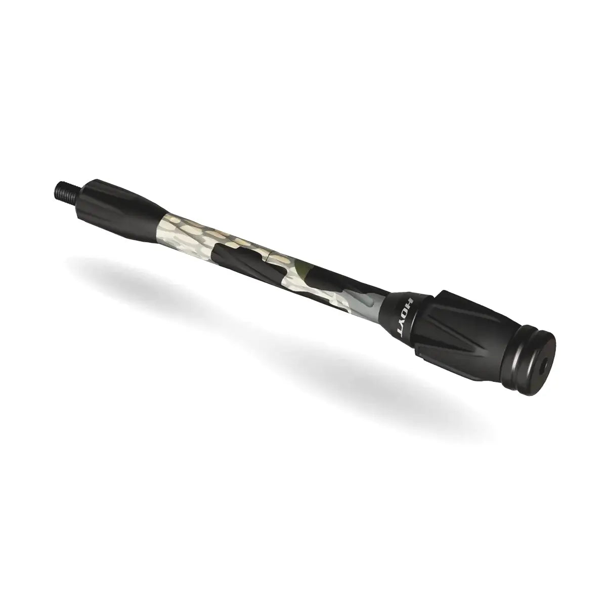 Hoyt Stealth Pro Series stabilizer in black and camouflage pattern with rubber end caps and threaded mounting shaft.