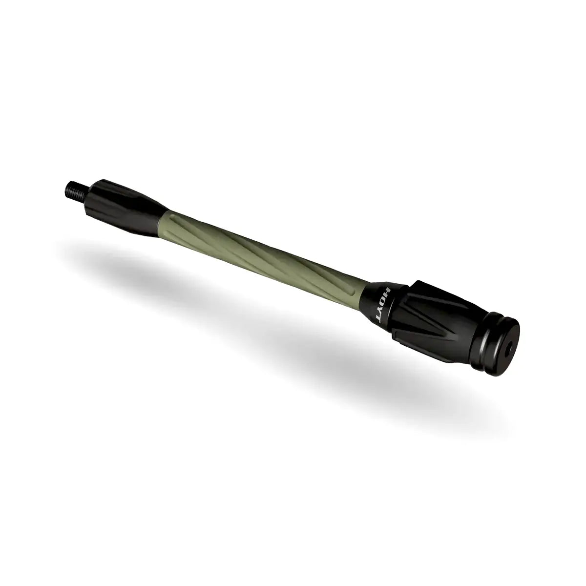 8-inch Hoyt Stealth Pro Series Stabilizer in Kuiu Verde camo with black mounting end and weights.