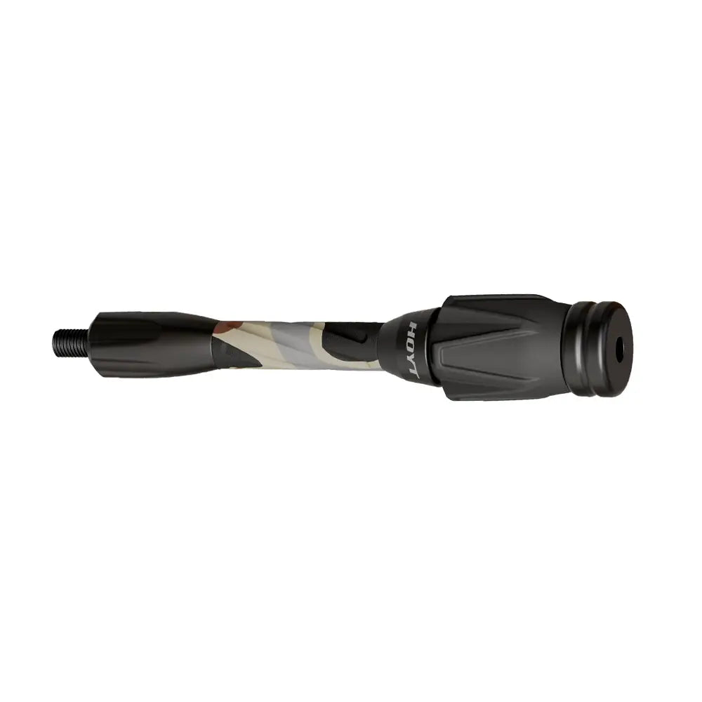 Hoyt Stealth Pro Series Stabilizer with black and gray camo pattern, rubberized end cap, and sleek tapered design.