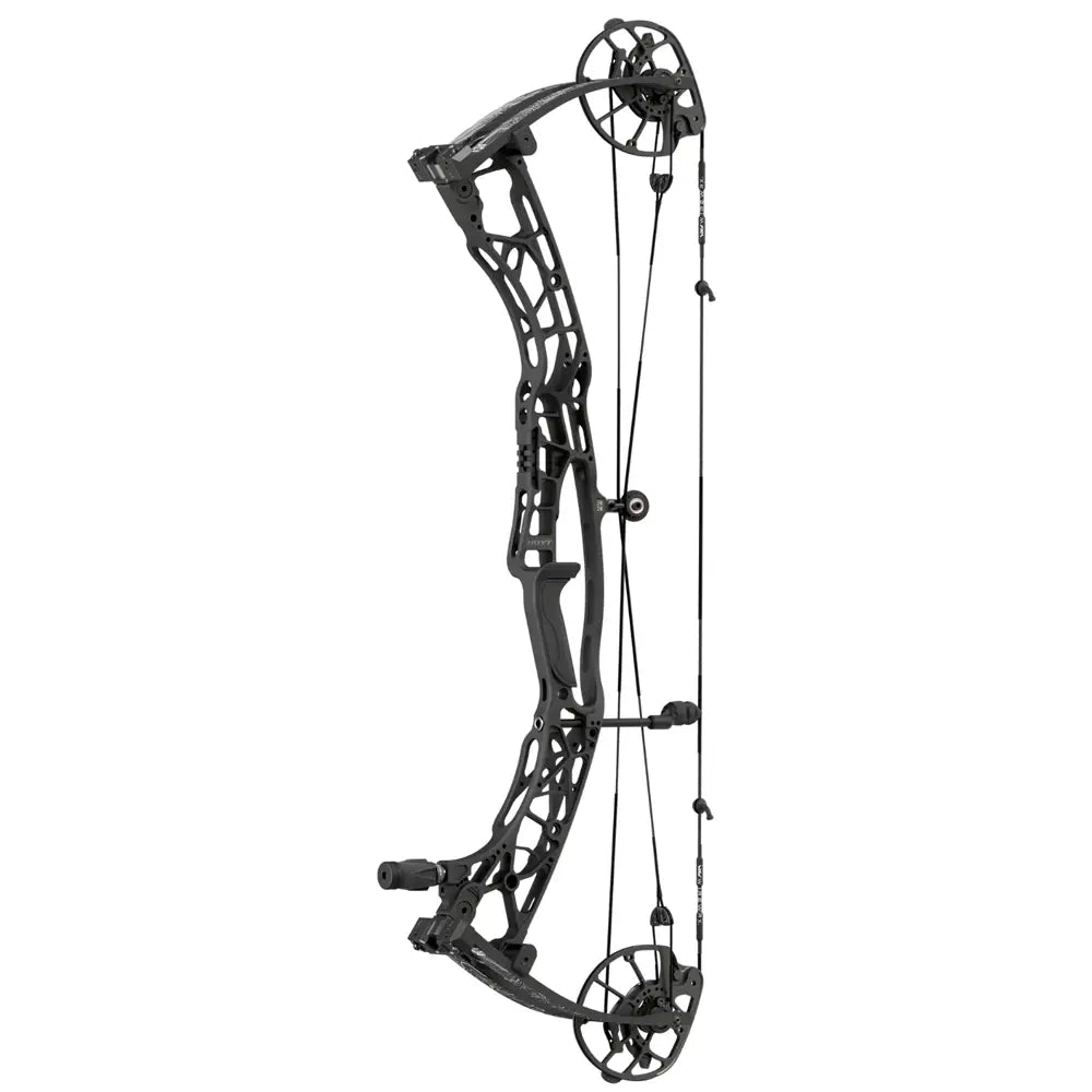 Black Hoyt AX-90 compound hunting bow with aluminum riser and dual cam system.