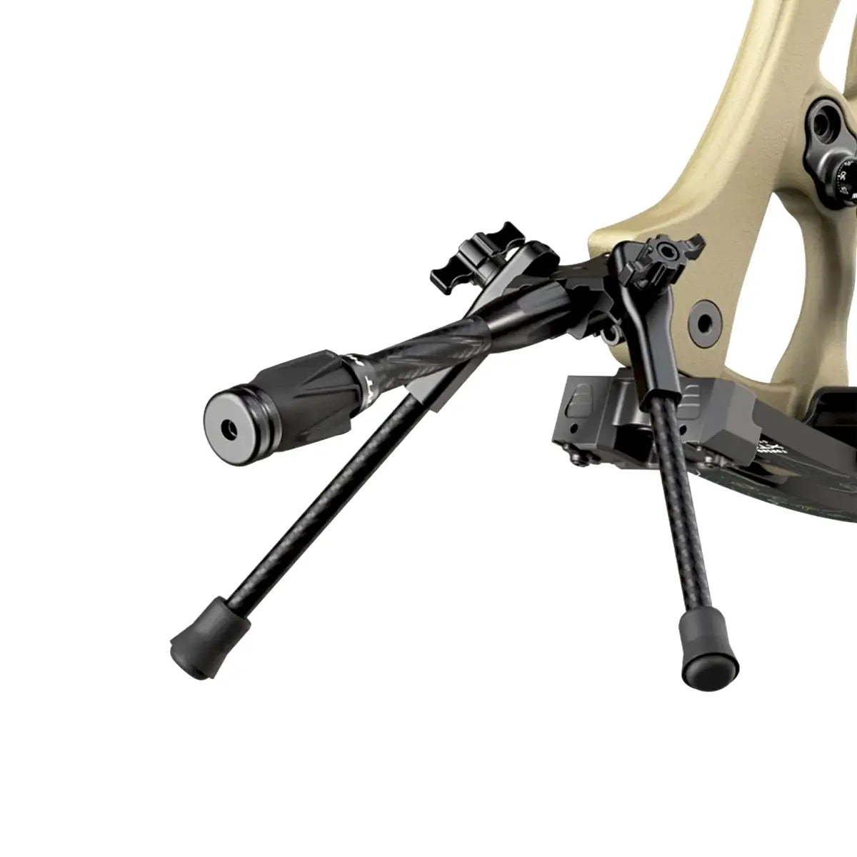 Compact black carbon fiber tripod bow stand attached to tan recurve bow riser.