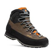 Brown and black Crispi Lapponia Lite hiking boot with orange accents and grey laces.