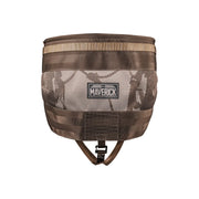 Brown and tan camo Latitude Maverick saddle cover with logo patch and adjustable strap buckle.