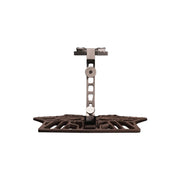 Black metal saddle platform with adjustable vertical mount and open grid design.