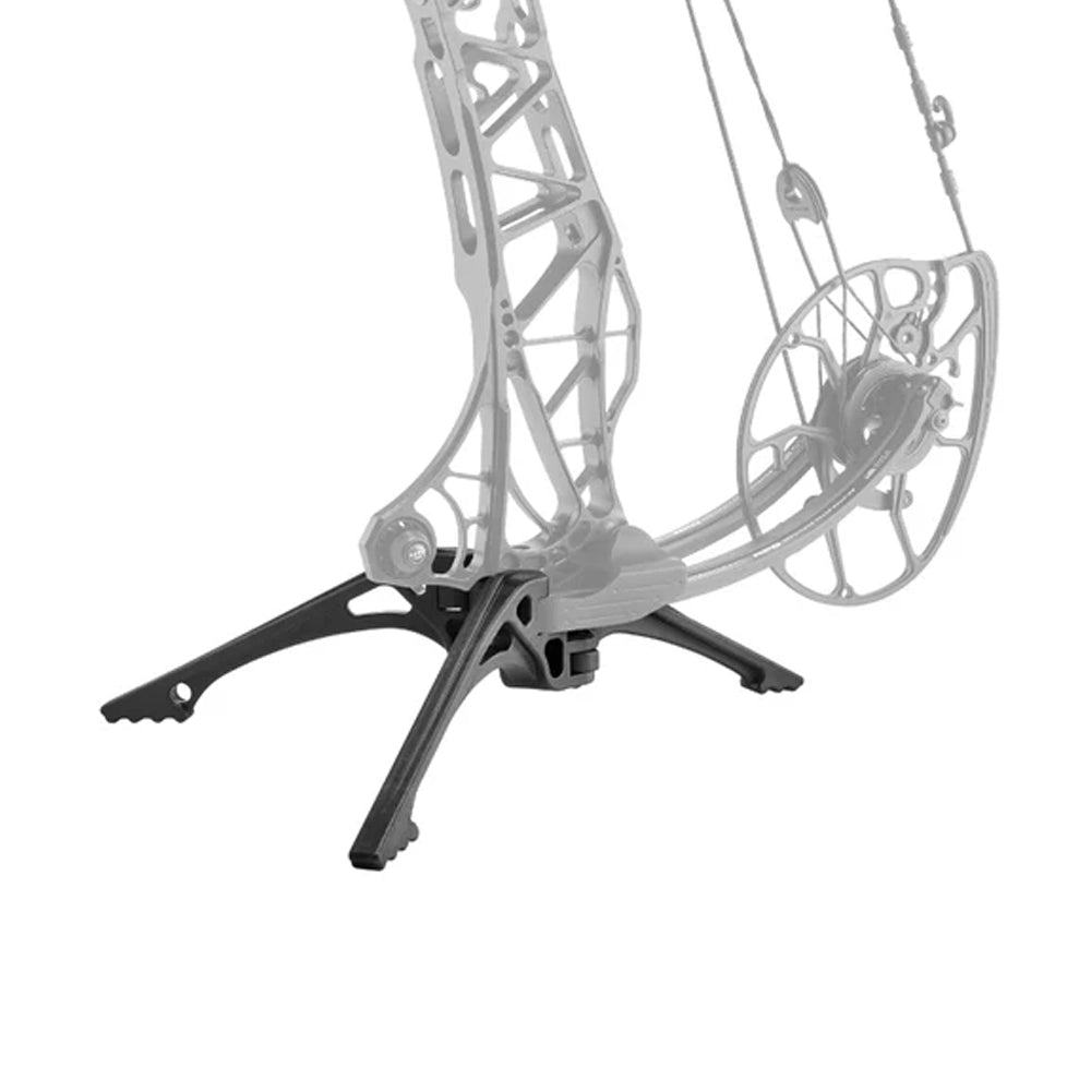 Black stabilizer legs attached to a gray compound bow limb with skeletal design.