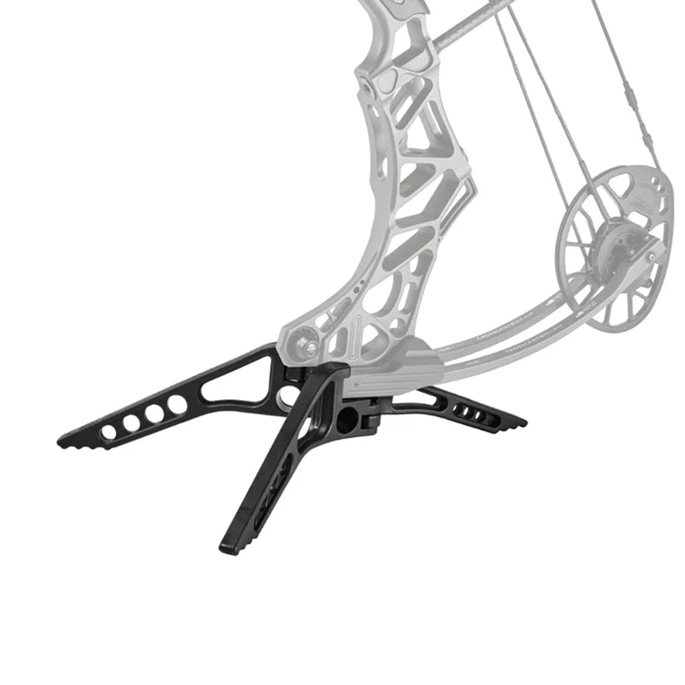 Black slim limb legs attached to a silver compound bow with multiple adjustment holes.
