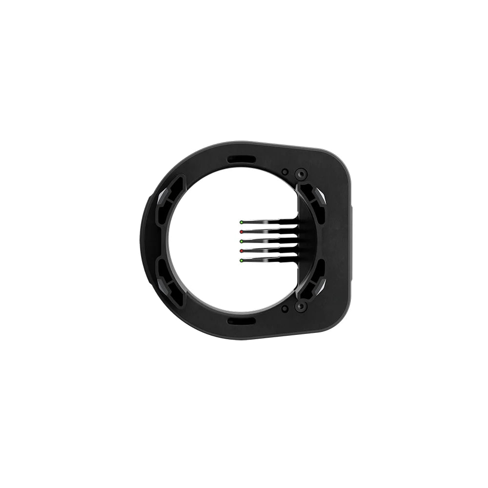 Black circular bow sight with five horizontal fiber optic pins and a square mounting base.