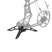 Black adjustable limb legs attached to a compound bow for stable rest and support.