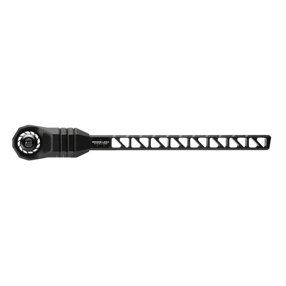 Black Mathews Bridge-Lock Stabilizer with skeletal cutout design and metal locking mechanism.