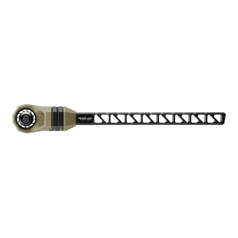 Mathews Bridge-Lock Stabilizer with olive green mount and black ventilated extension arm.