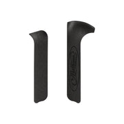 Two black Mathews Bond side plates, one longer with logo, one shorter, both with curved ends.
