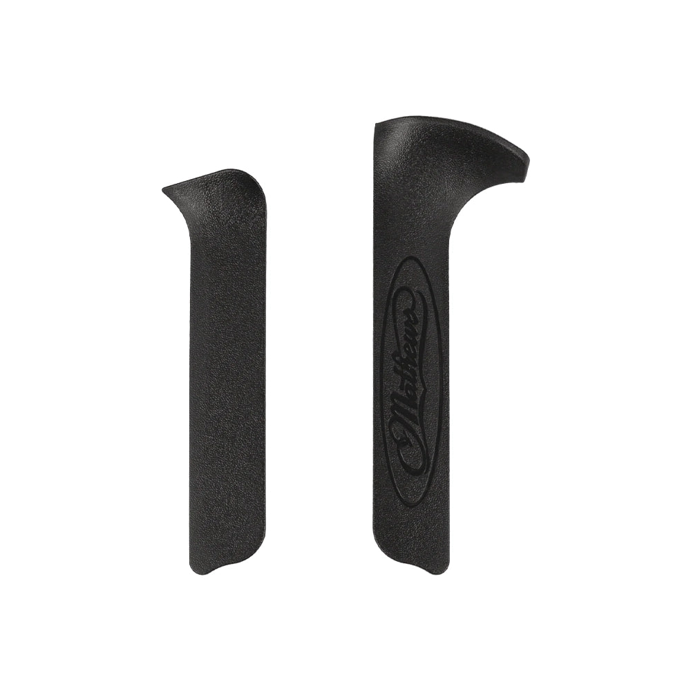 Two black Mathews Bond side plates, one longer with logo, one shorter, both with curved ends.