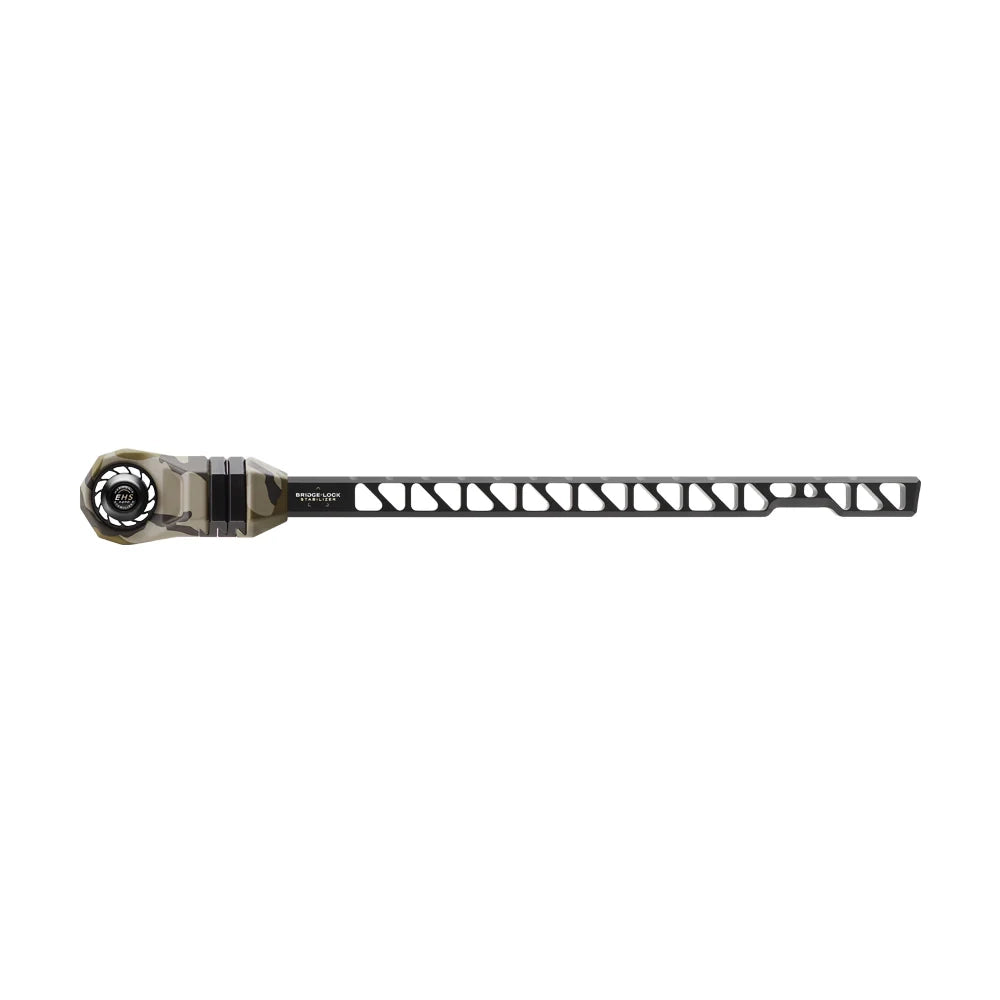 Black Mathews Angled Bridge-Lock Stabilizer with vented lightweight design and mounting hole.