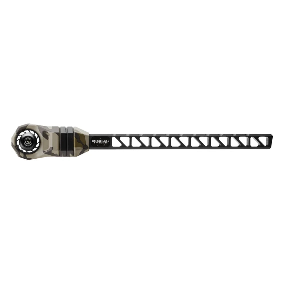 Mathews Bridge-Lock Stabilizer in camo with long black perforated arm and black locking mechanism.