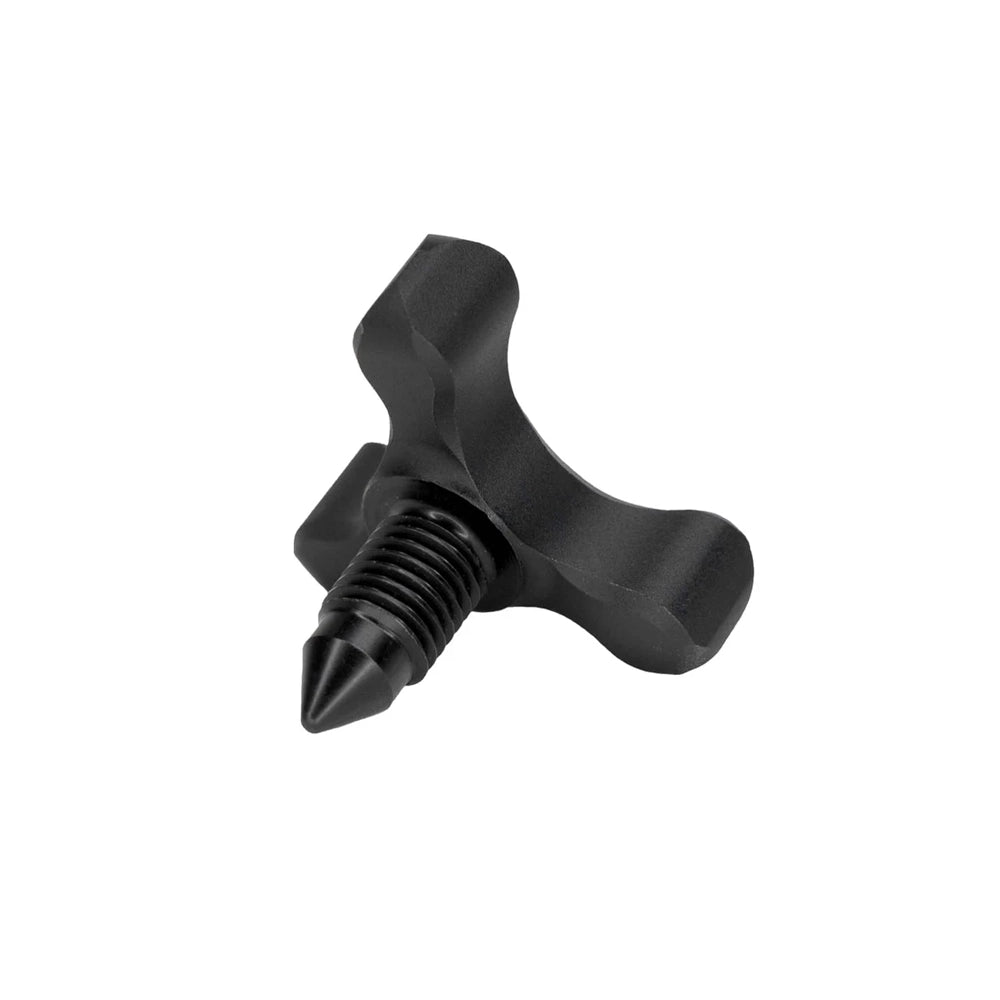 Black plastic winged stabilizer knob with threaded screw end for Mathews bridge-lock system.