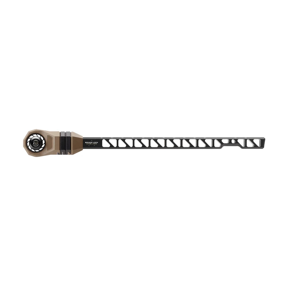 Mathews angled bridge-lock stabilizer with black lattice design and tan mounting bracket.