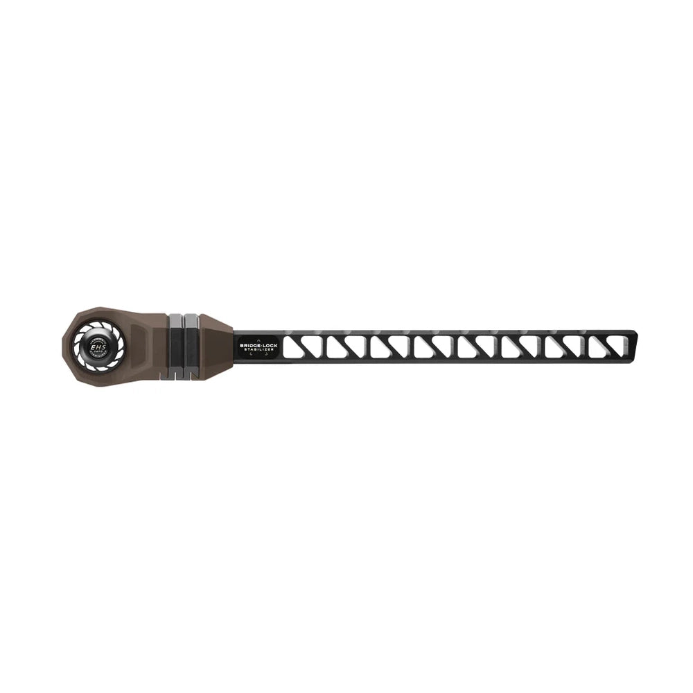Black and brown Mathews Bridge-Lock Stabilizer with triangular cutouts and mounting hardware.
