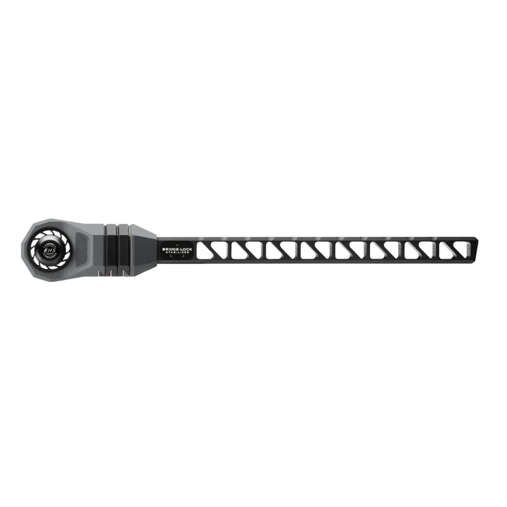 Black 12-inch Mathews Bridge-Lock Stabilizer with triangular cutouts and mounting hardware.