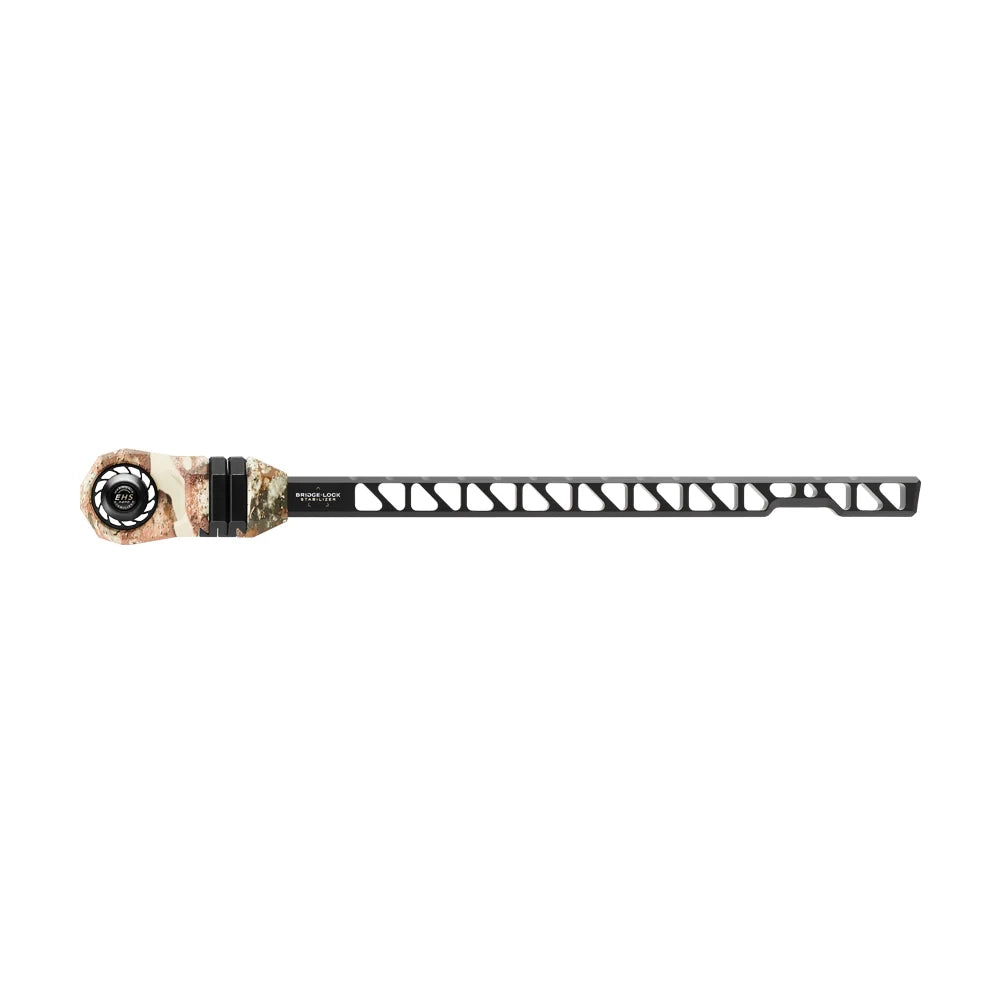 Mathews Angled Bridge-Lock Stabilizer in black with angled cutouts and camo accent near attachment end.