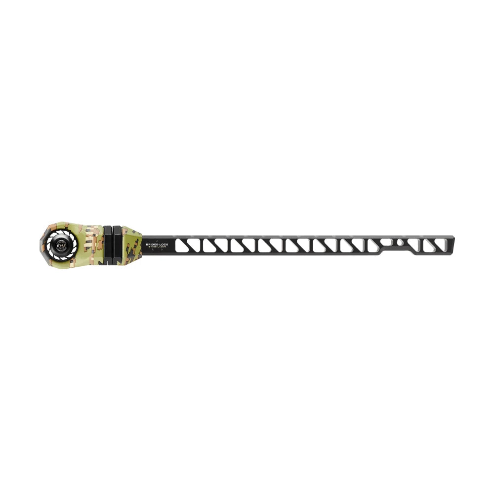 Mathews angled bridge-lock stabilizer in black with cutout design and mounting hardware.