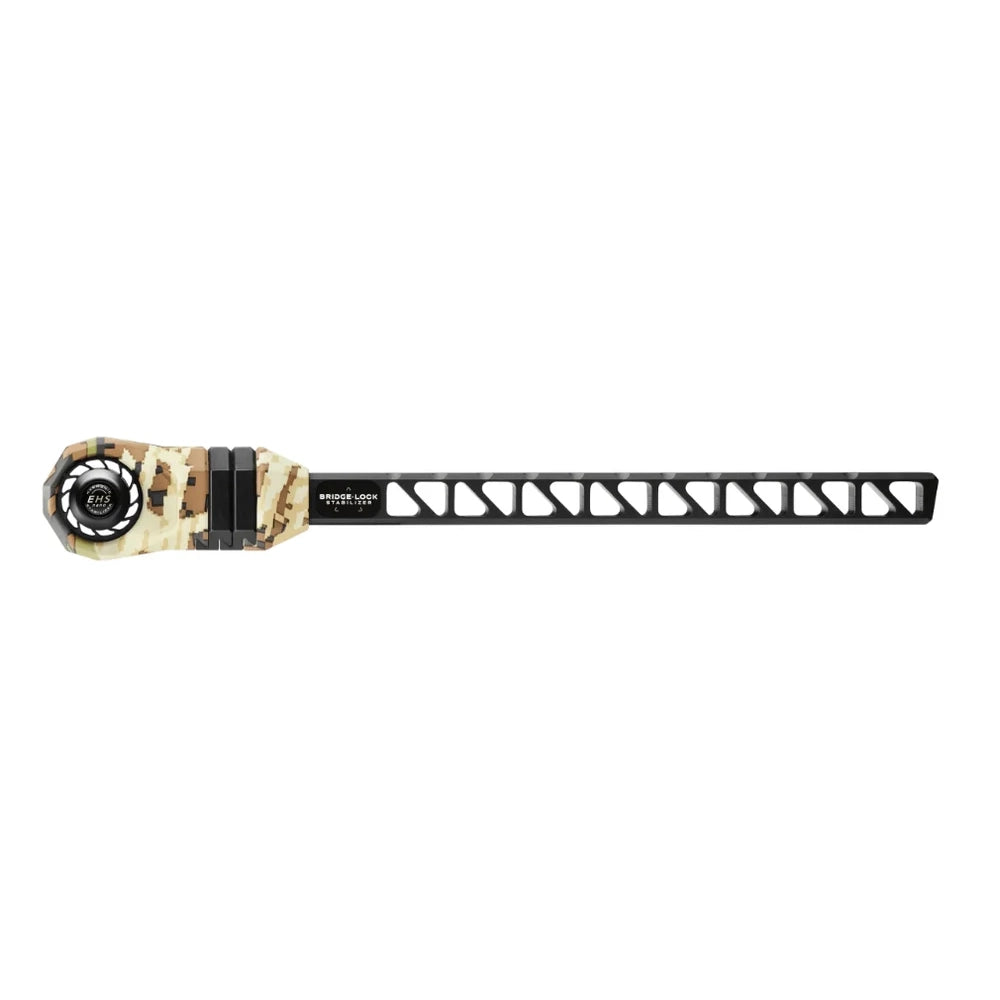8-inch Mathews Bridge-Lock Stabilizer in First Lite Spectre camo with black open-frame arm design.