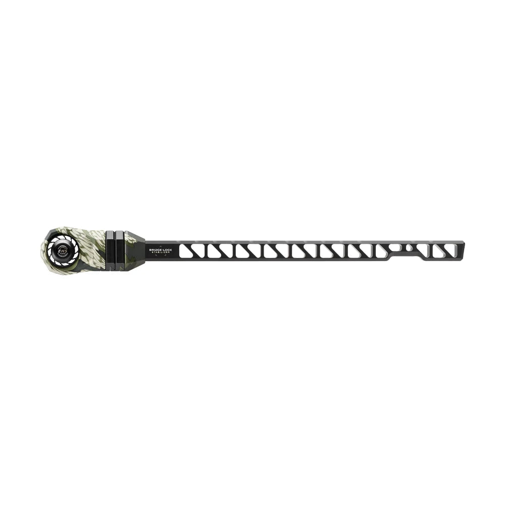 Mathews angled bridge-lock stabilizer in black with cutout design and circular mounting end.