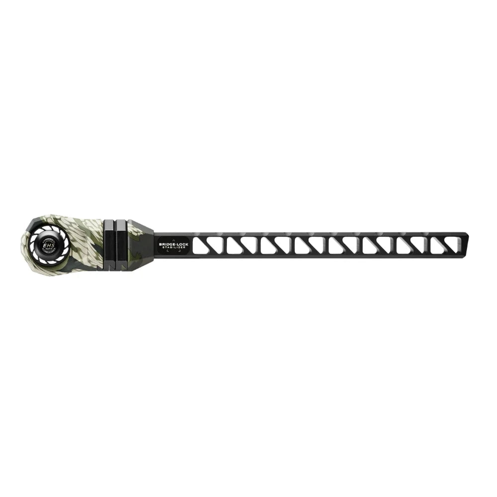 Mathews Bridge-Lock Stabilizer in black with perforated arm and camouflage mounting end.