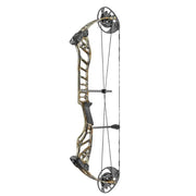 Compound bow with camouflage design on a white background