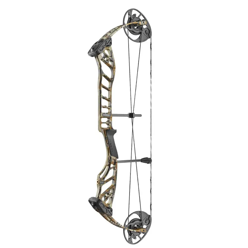 Compound bow with camouflage design on a white background