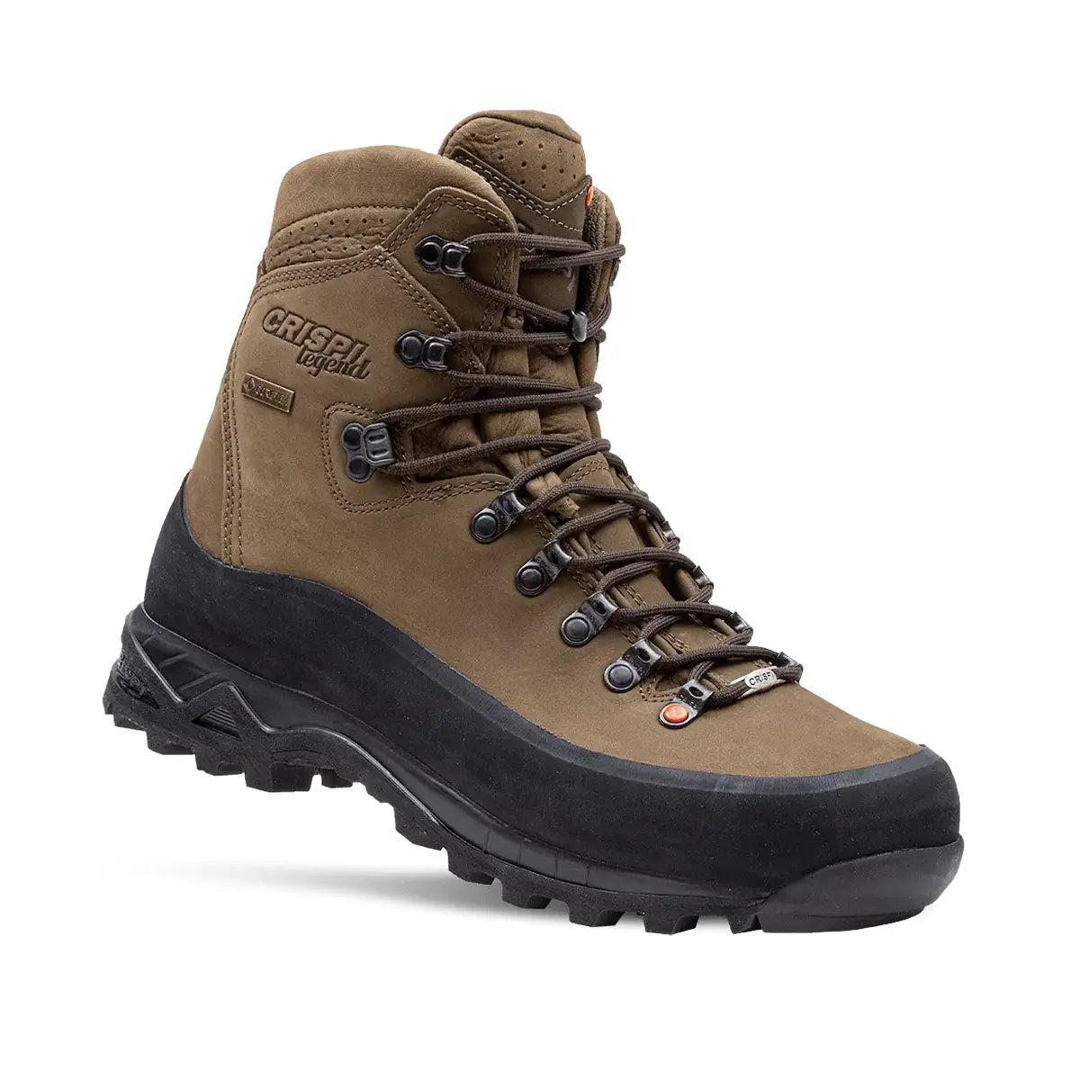 Brown suede hiking boot with black rubber sole and metal lace hooks, Crispi logo on side.
