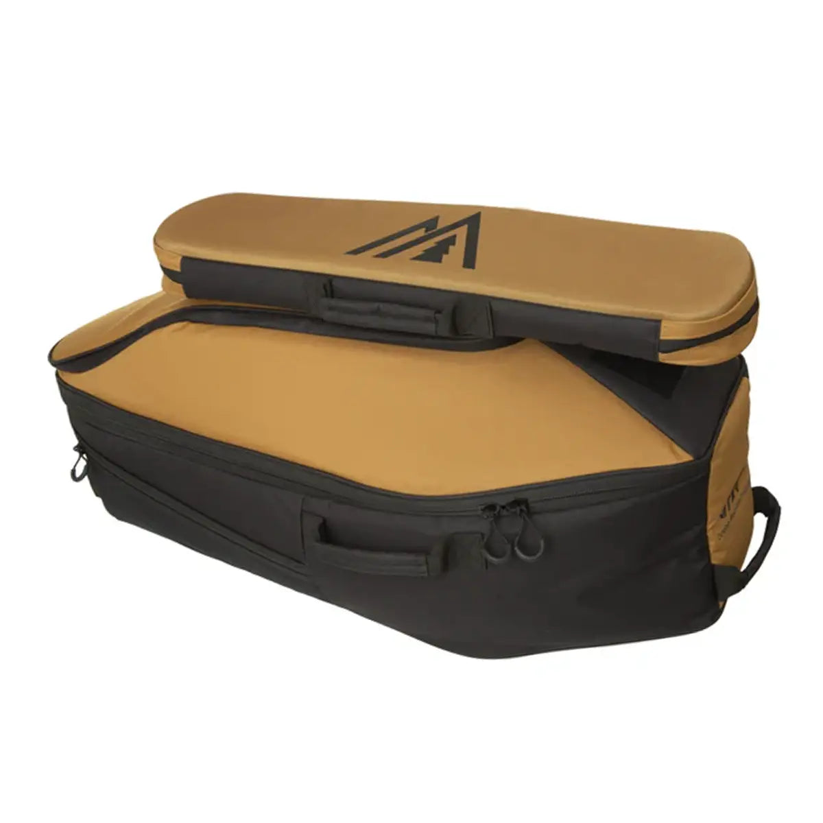 Black and tan crossbow case with a logo on a white background
