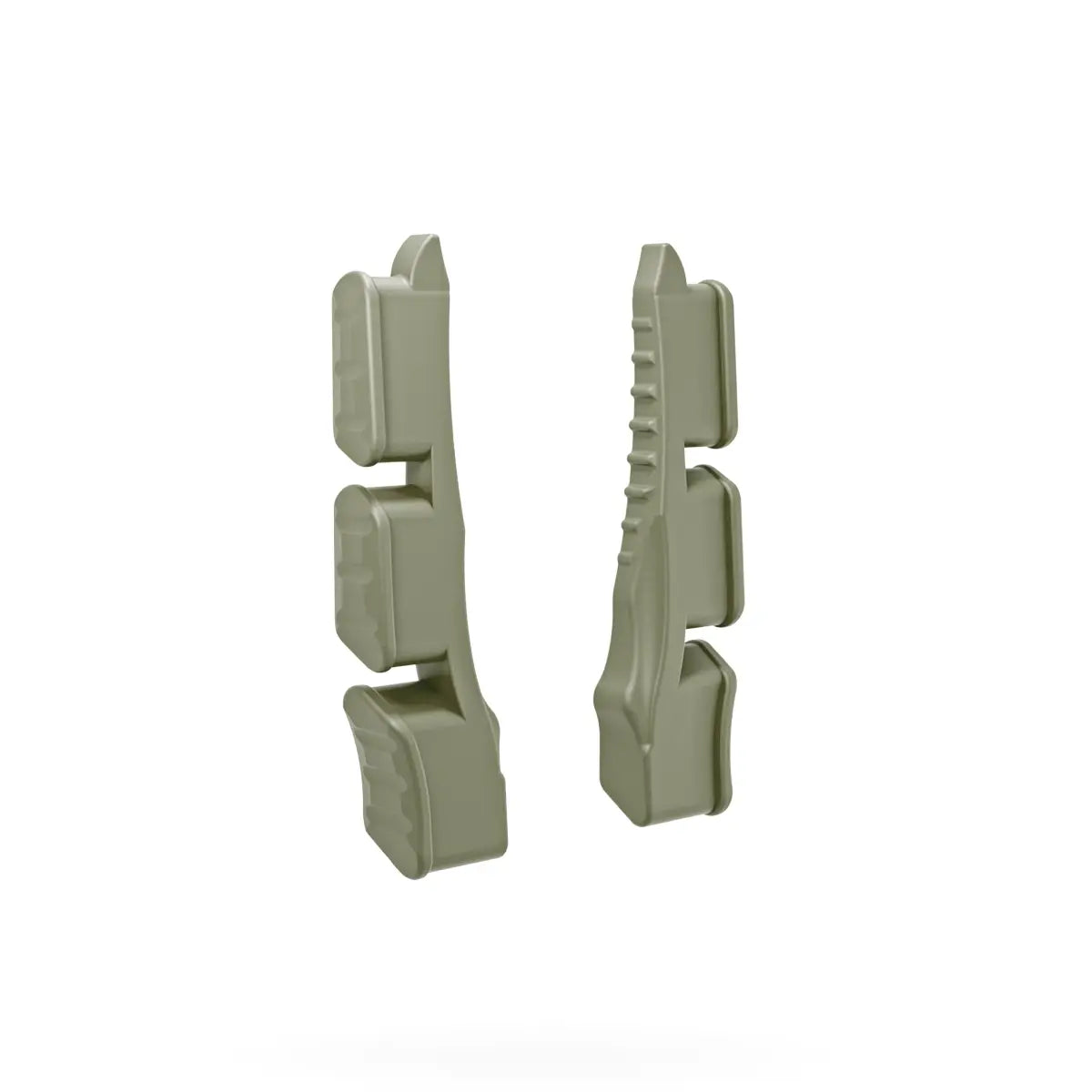 Pair of earth green QAD MX2 launcher dampers with contoured, ribbed design and angled edges.