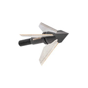 Black and silver fixed blade crossbow broadhead with three swept blades and threaded base.