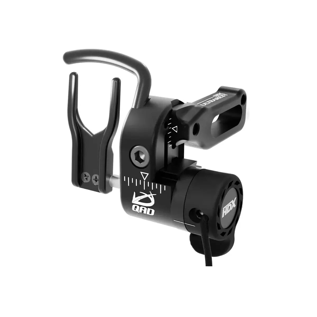 Black QAD Ultrarest HDX cable-driven arrow rest with adjustable tension and mounting bracket.