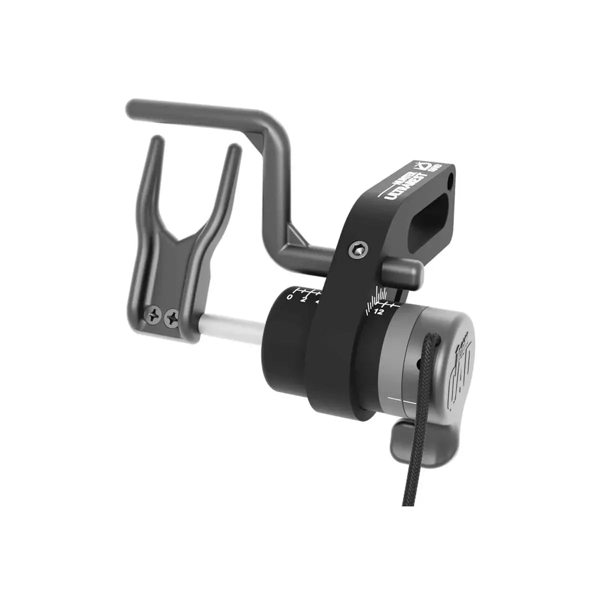 Black and silver cable-driven archery rest with adjustable arm and mounting bracket.