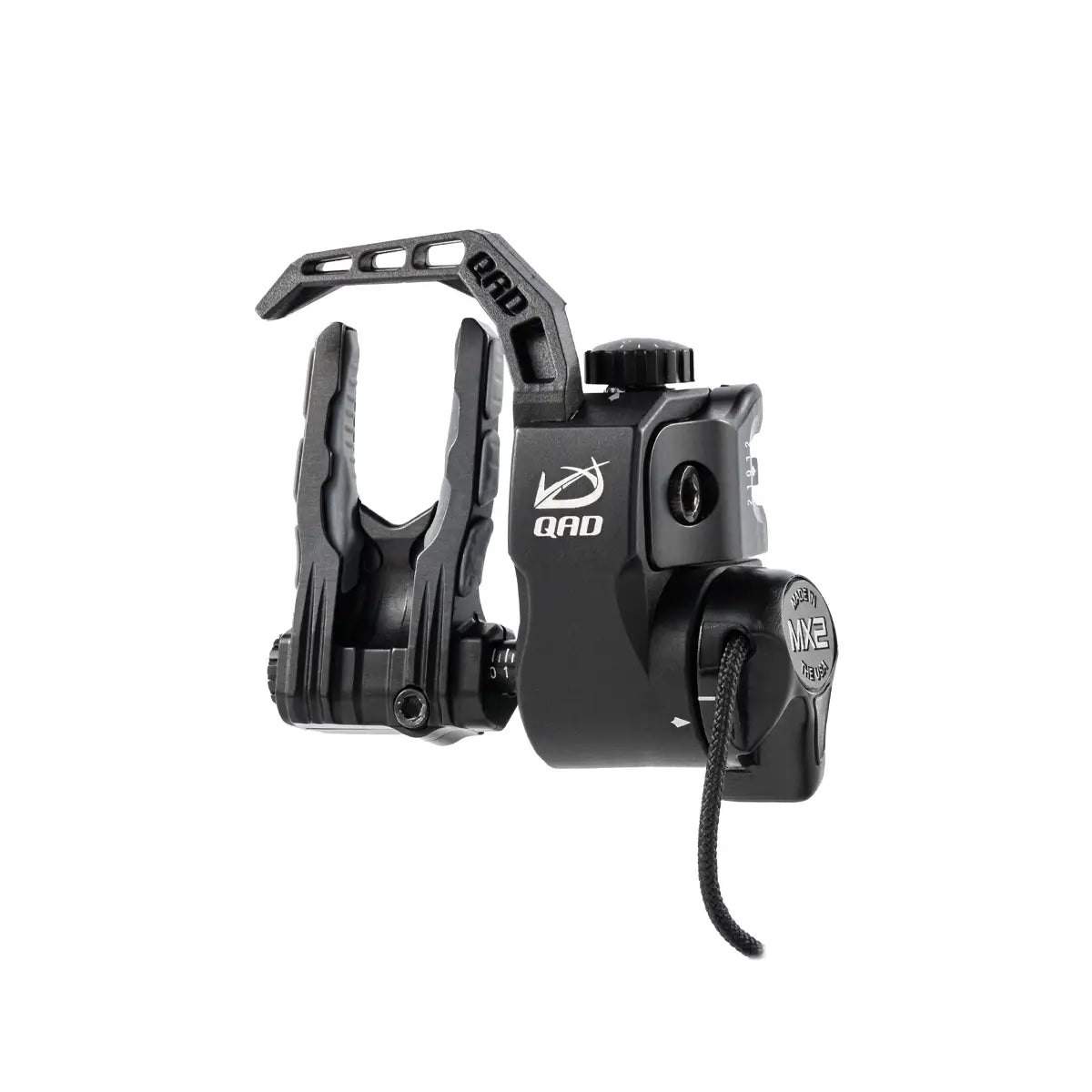 Black QAD MX2 cable-driven arrow rest with adjustable mounting and drop-away arm design.