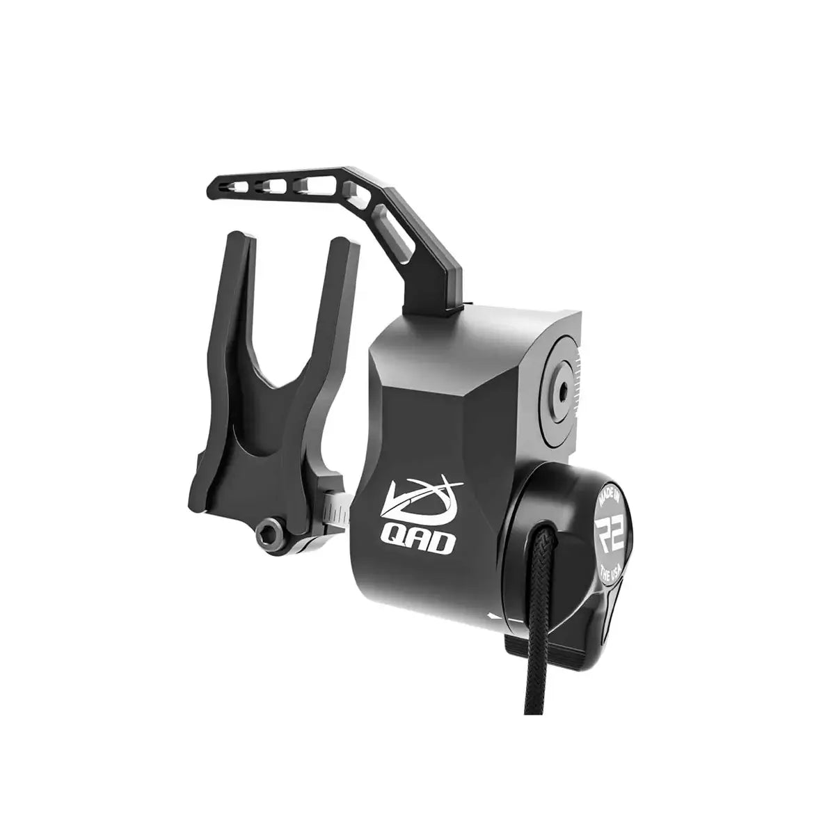 Black QAD R2 cable-driven arrow rest with adjustable mounting bracket and white logo.