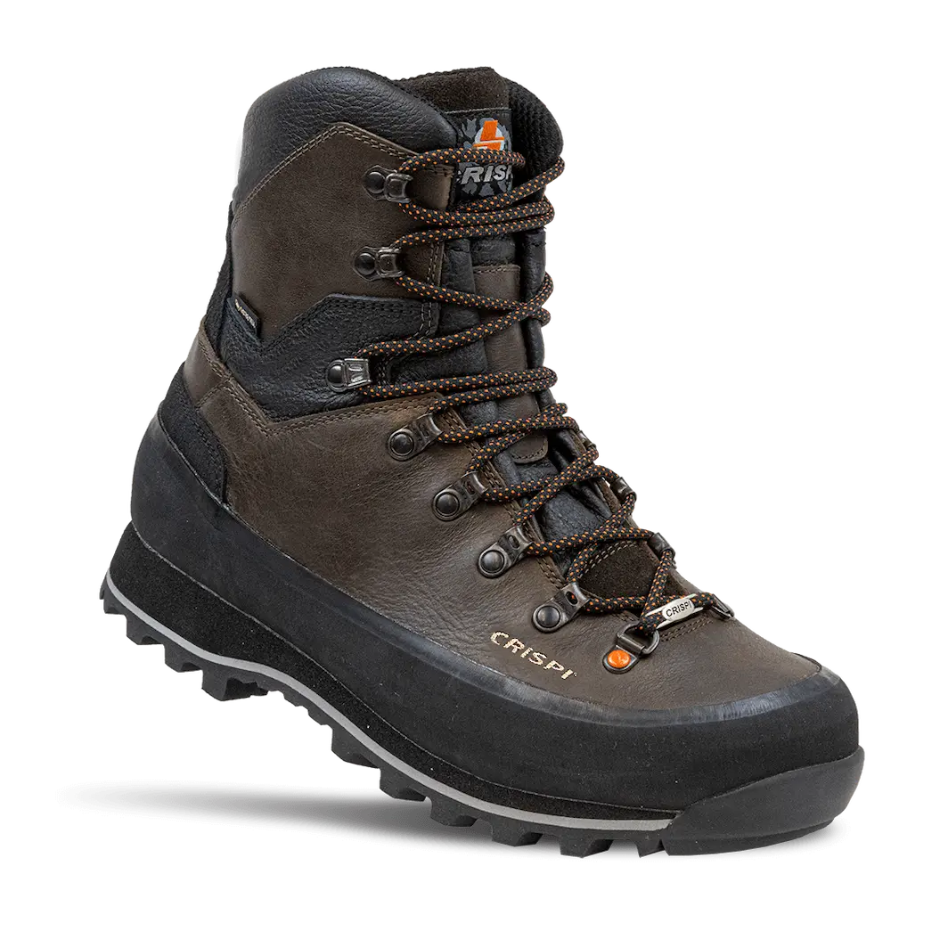 Brown and black Crispi Shimek hiking boot with durable laces and rugged sole.