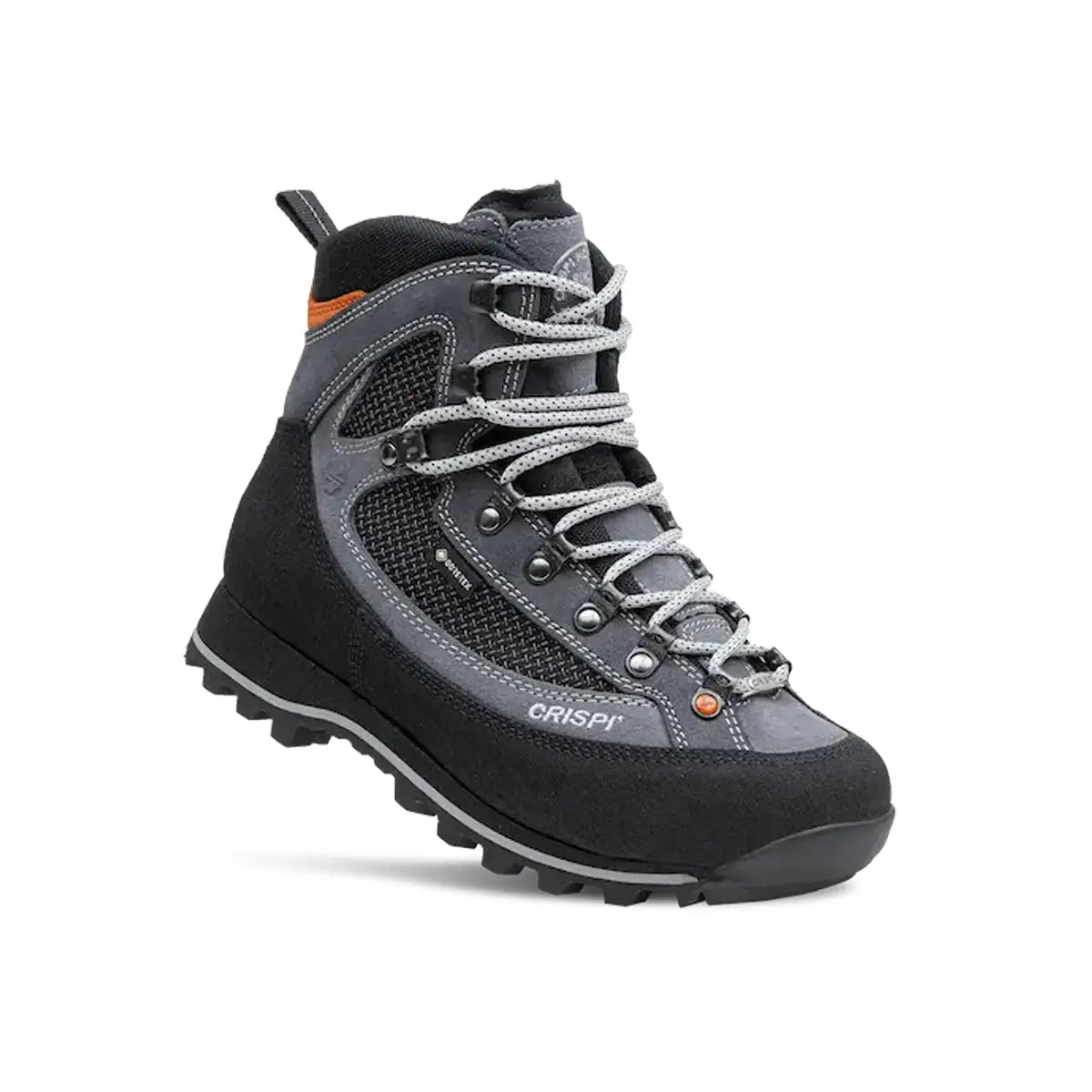 Black and gray women's hiking boot with orange accents, lace-up front, and rugged sole.