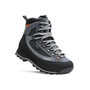 Black and gray women's hiking boot with orange accents, lace-up front, and rugged sole.