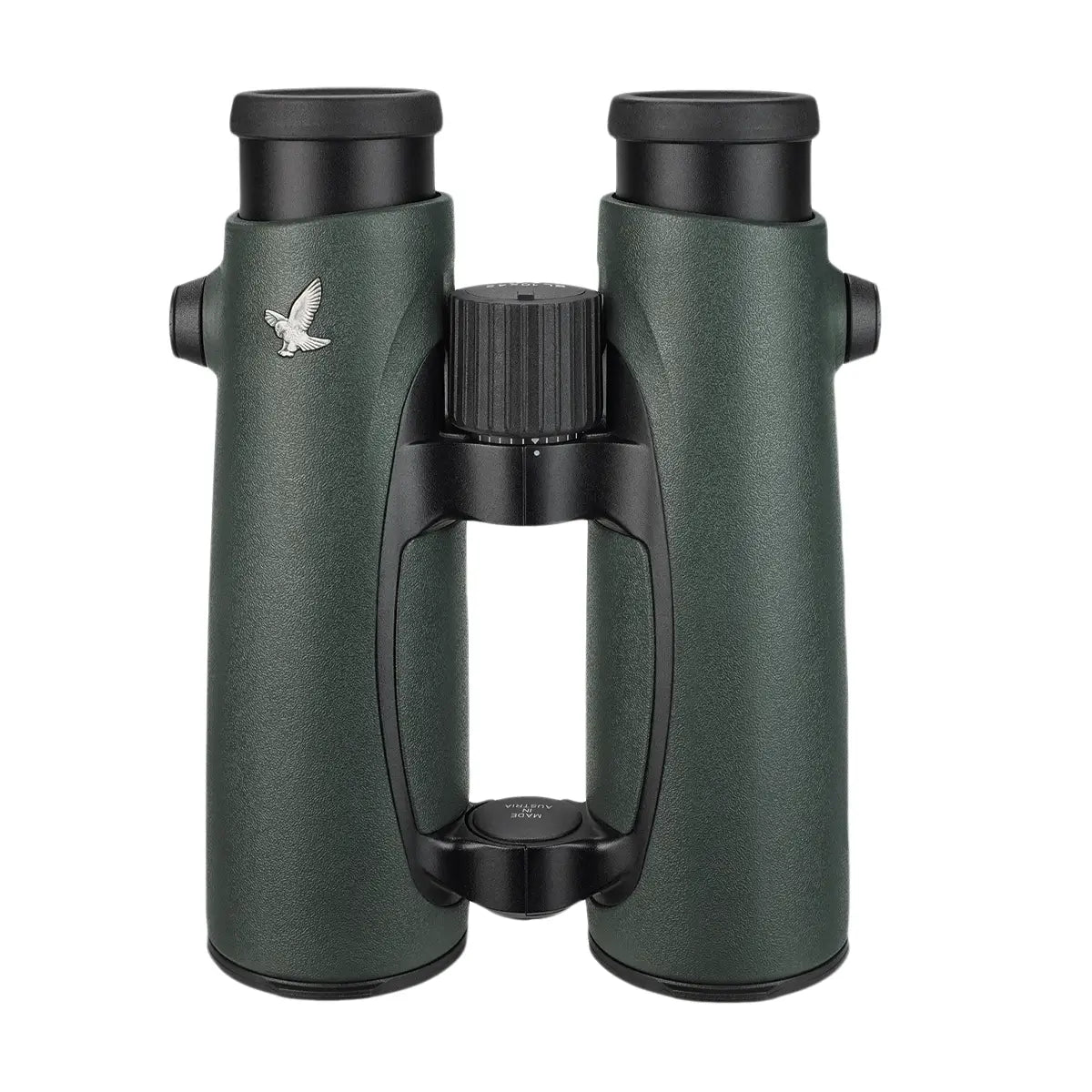 Dark green Swarovski EL 10x42 binoculars with black eyecups and central focusing wheel.